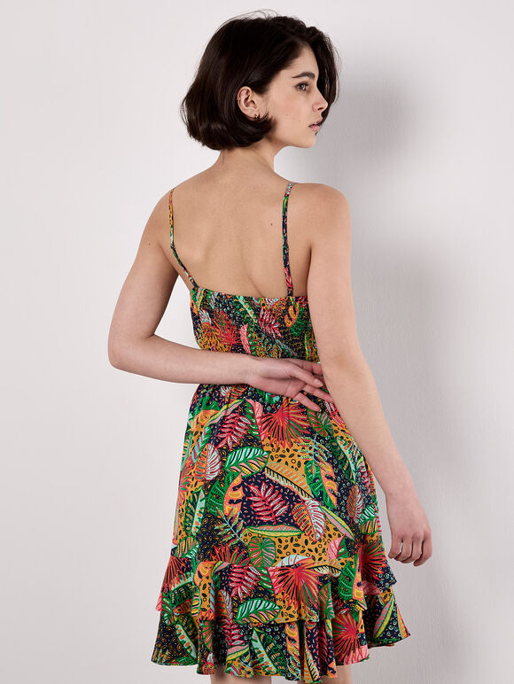 Tropical Print Tiered Cami Mini Dress, Navy, large
