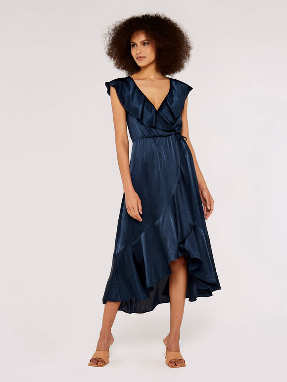 Satin Ruffle wrap Dress, Navy, large