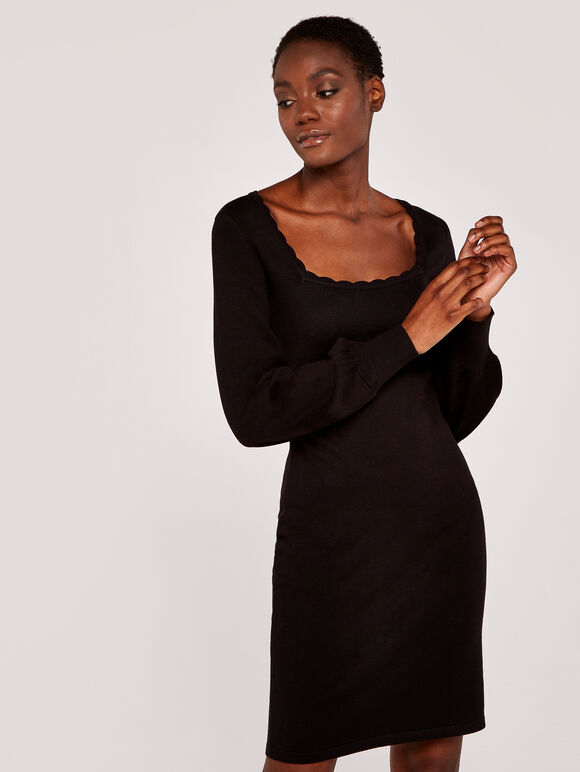 Scallop Neck Knit Dress, Black, large