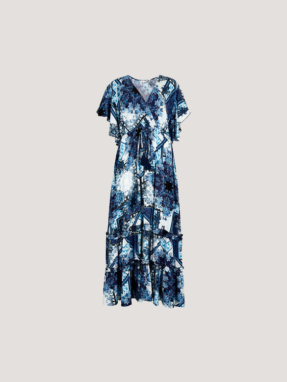 Patchwork Ruffle Tiered Midi Dress, Blue, large