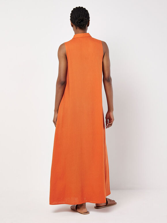 Linen Blend Shirt Maxi Dress, Orange, large