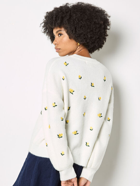 Embroidered Lemon Jumper, Cream, large