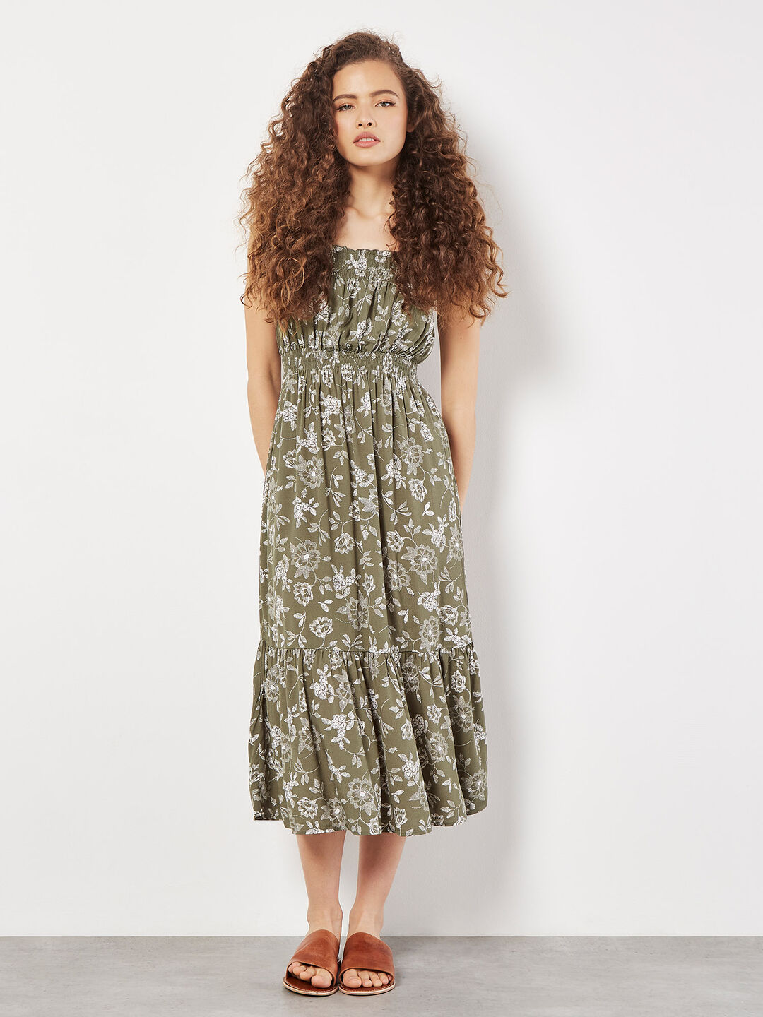 Floral Silhouette Smocked Midi Dress