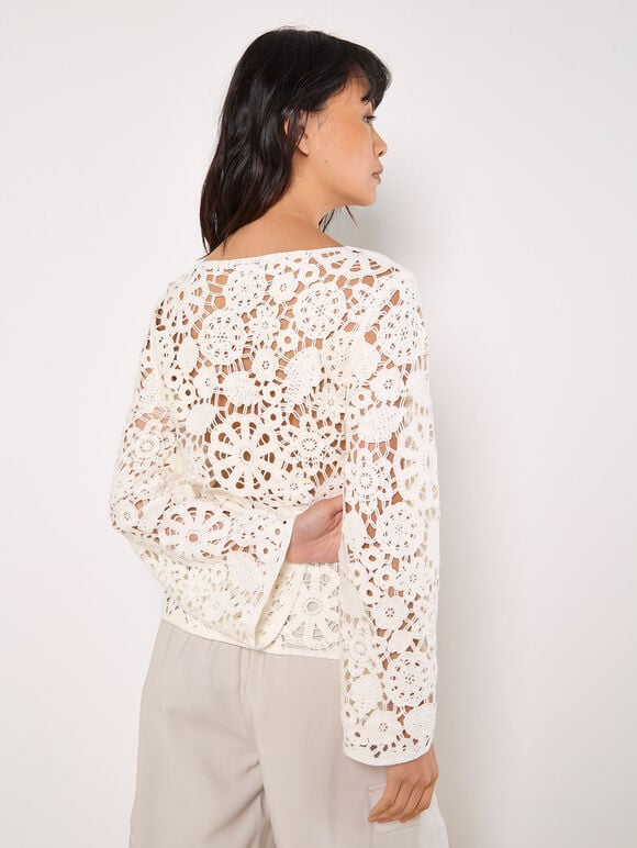 Floral Crochet Bell Sleeve Top, White, large