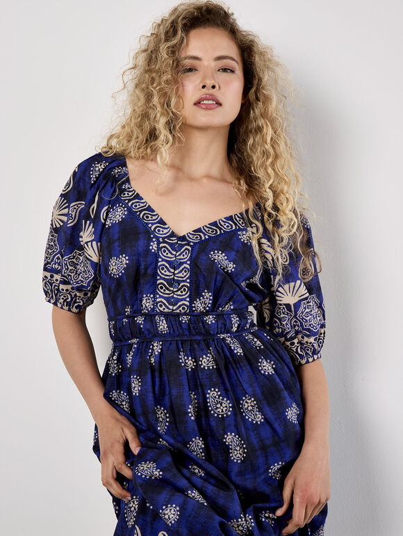 Paisley Print Button Mini Dress, Navy, large