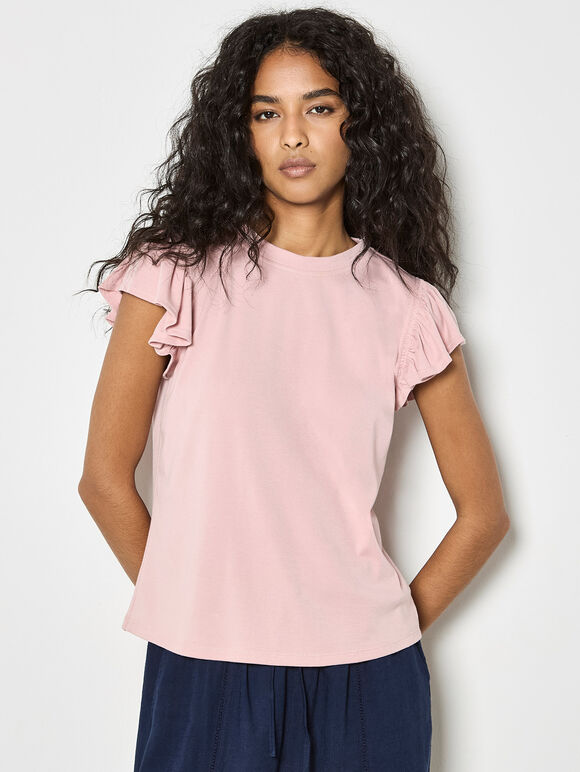 Jersey Knit Ruffle T-Shirt, Pink, large