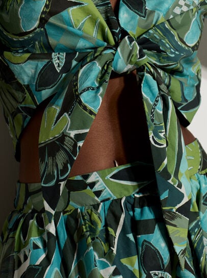 Tropical Leaf Patchwork Tie Front Top