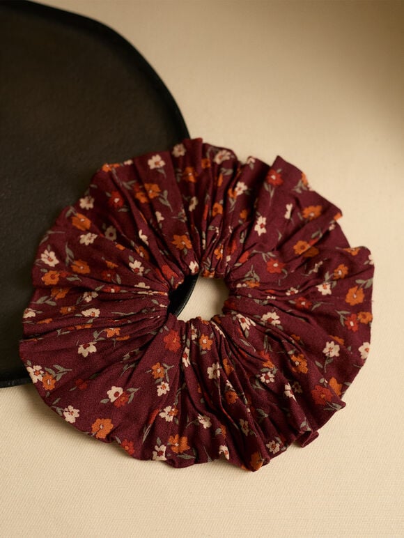 Oversized Floral Hair Scrunchie, Burgundy, large