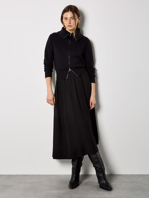 Double Zip Ribbed Knit Cardigan, Black, large