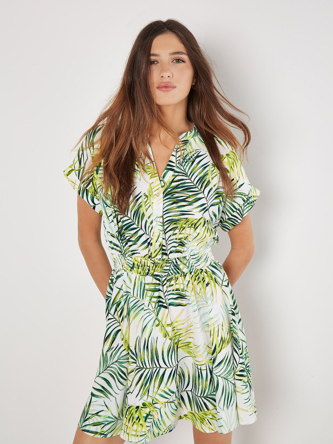 Tropical Leaf Print Smocked Mini Dress