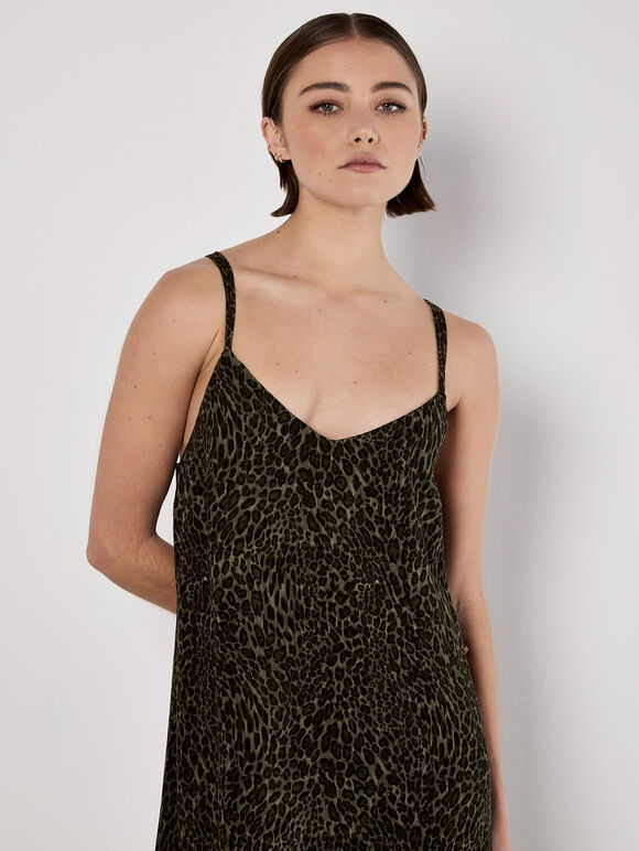 Animal Print Crepe Maxi Slip Dress, Khaki, large