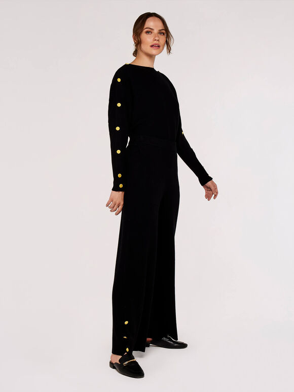 Ribbed Wide Leg Trousers, Black, large