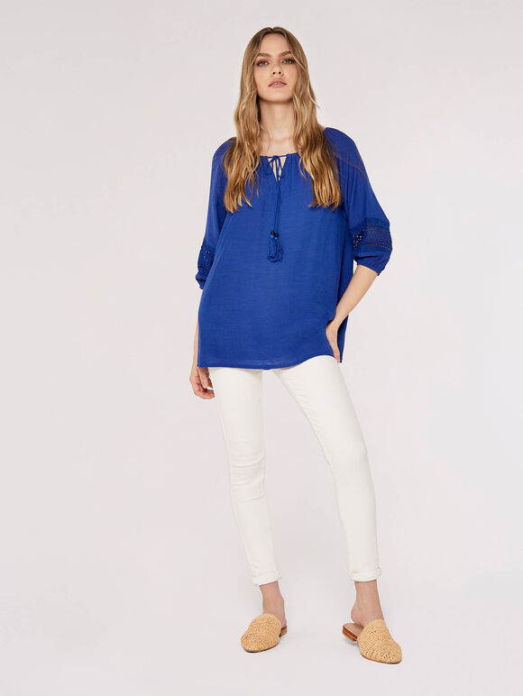 Crochet Detailled Slub Top, Blue, large