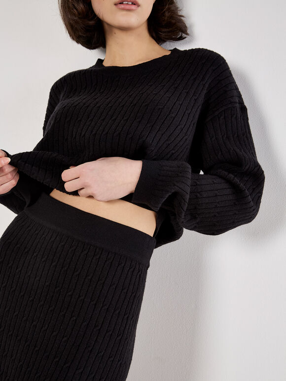 Fine Knit Cable Midi Skirt, Black, large