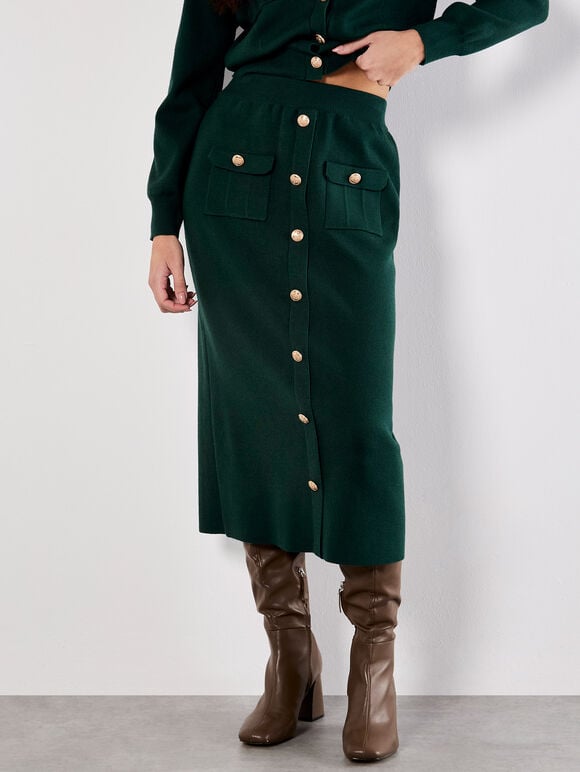 Ribbed Knit Button-Down Midi Skirt, Green, large