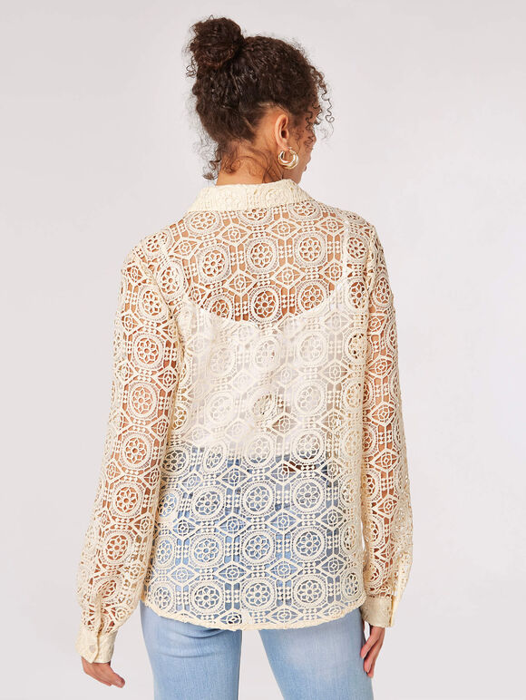 Geometric Guipure Lace Shirt, Stone, large