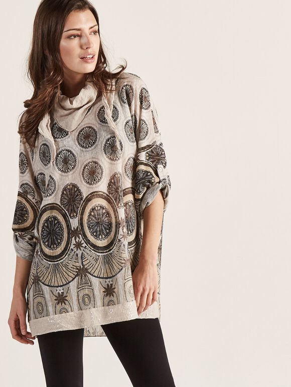 Stone Daisy Wheel Sequin Hem Scarf Top, Stone, large