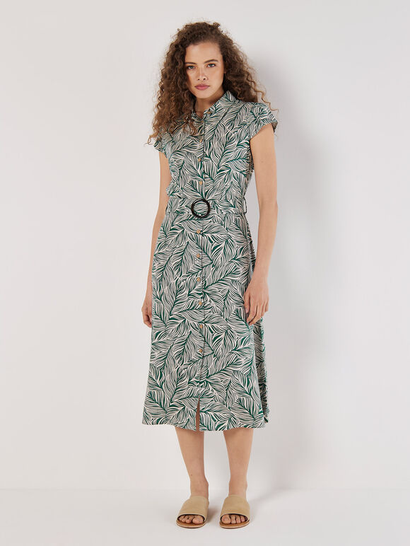 Leaf Print Shirt Midi Dress, Green, large