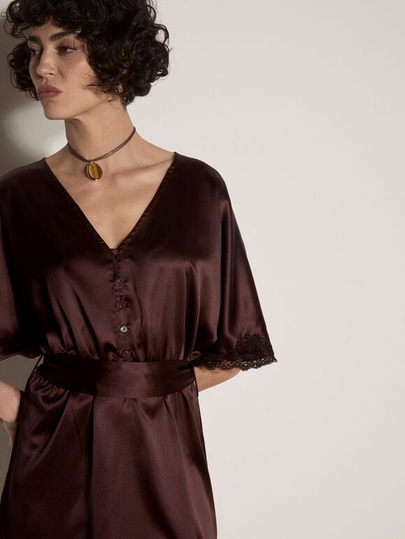 Lace Kimono Satin Mini Dress, Brown, large