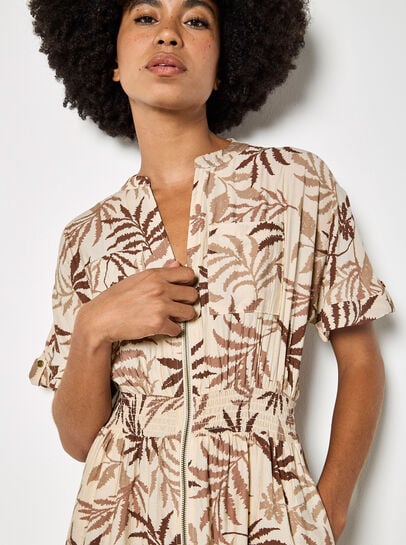 Tropical Leaf Zip-Down Midi Dress