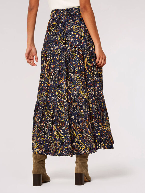 Paisley Tiered Midi Skirt, Navy, large