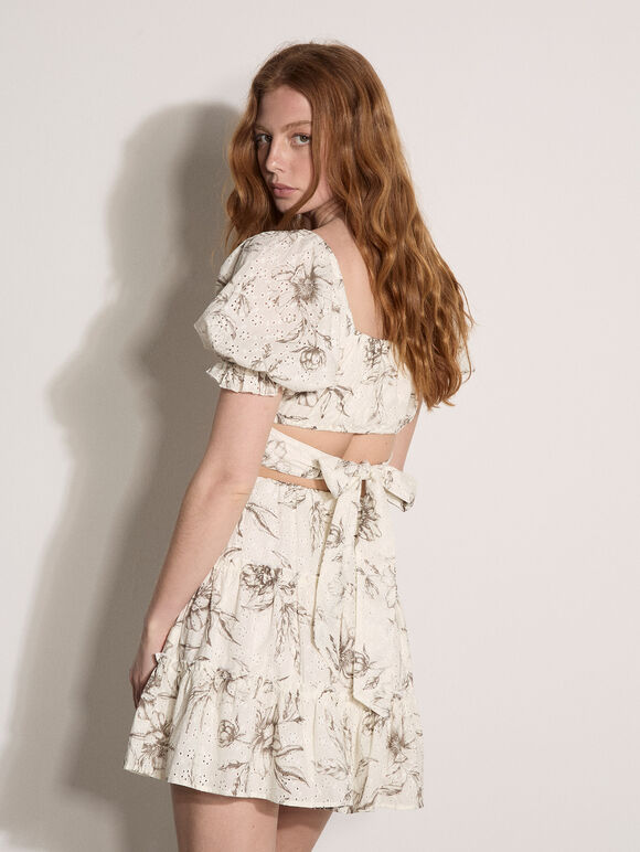 Floral Cotton Broderie Tiered Mini Skirt, Grey, large