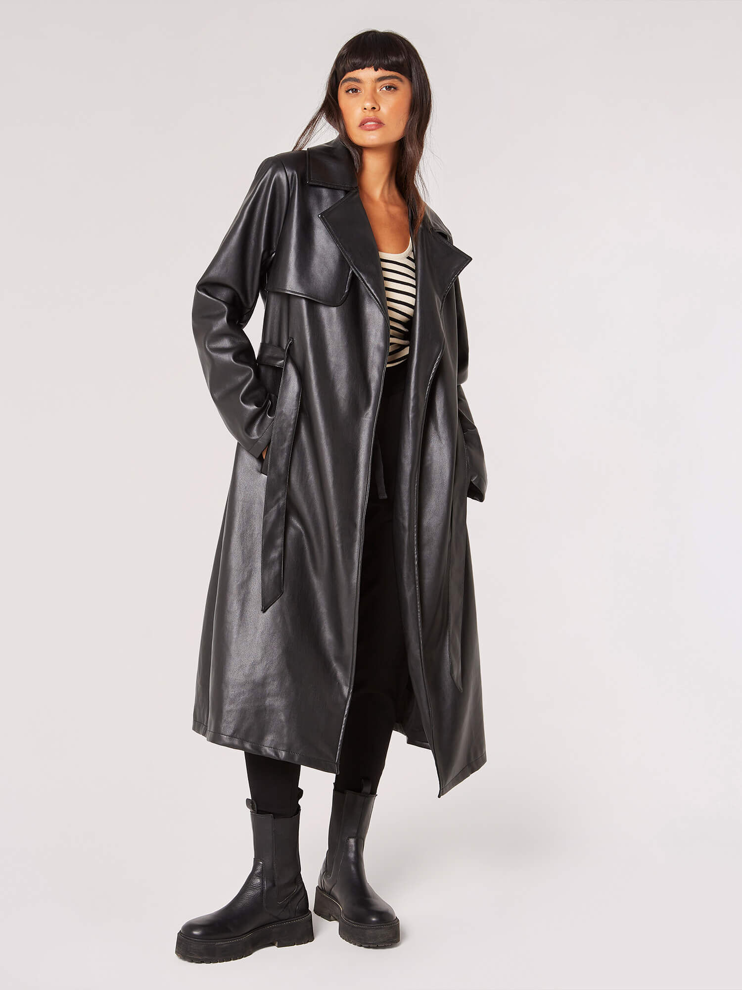Leather Look Trench Coat Apricot Clothing