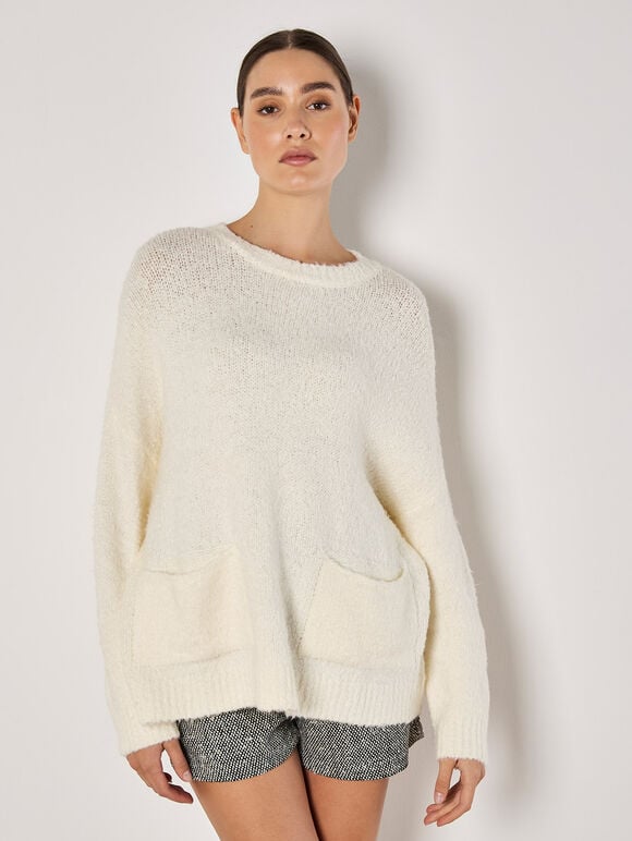 Oversized Boucle Patch Pocket Jumper, Cream, large