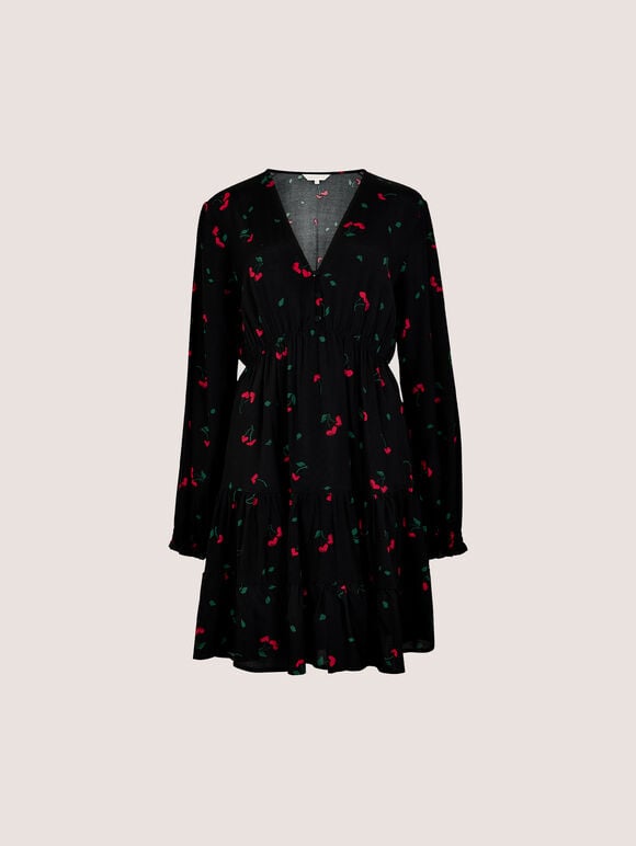 Cherry Print Crepe Mini Dress, Black, large
