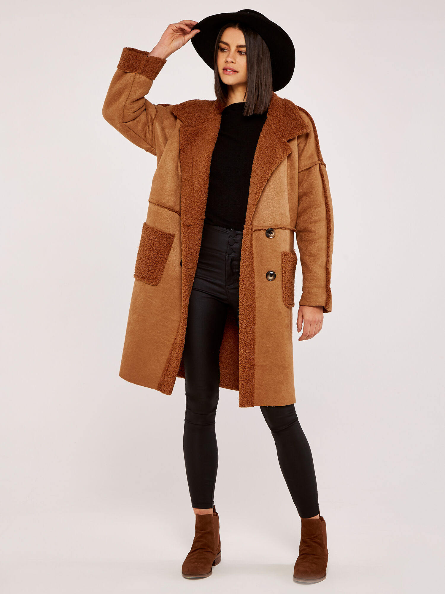 Aviator Soft Trim Suedette Coat Apricot Clothing