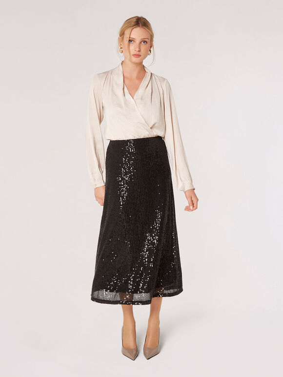 Sequin Sparkle Midi Skirt, Black, large