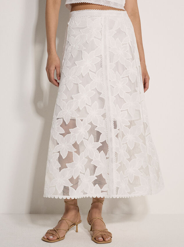 Floral Mesh Lace Midi Skirt, White, large