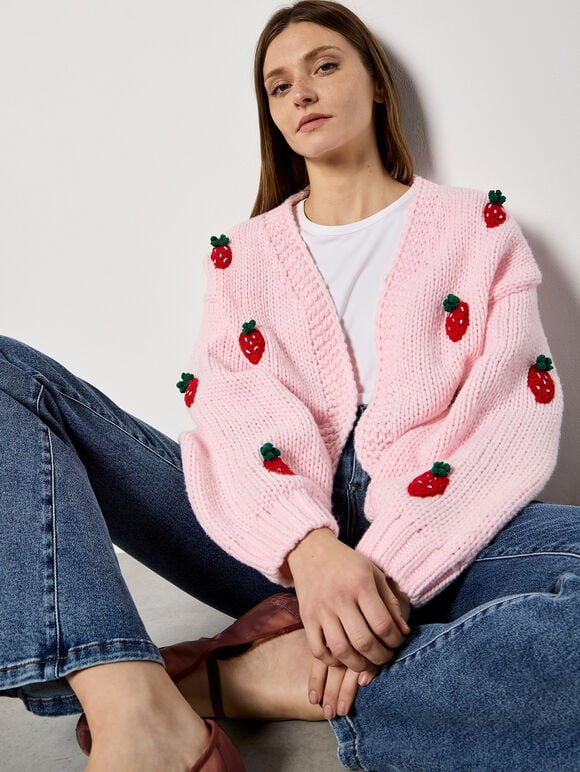 Chunky Knit Strawberry Cardigan, Pink, large