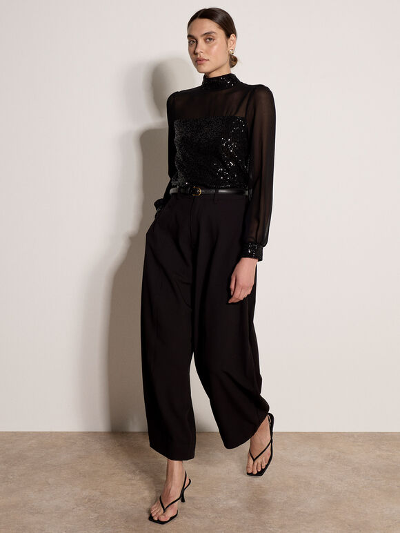 Sequin Embellished Chiffon Top, Black, large