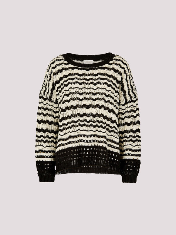 Pointelle Stripe Crochet Jumper, Black, large