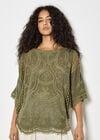 Cotton Blend Crochet Embroidered Top, Khaki, large