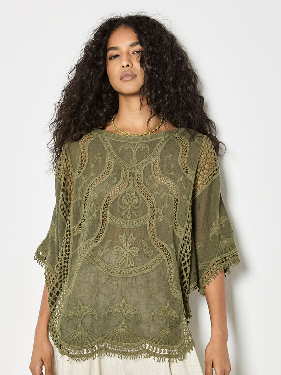 Cotton Blend Crochet Embroidered Top, Khaki, large