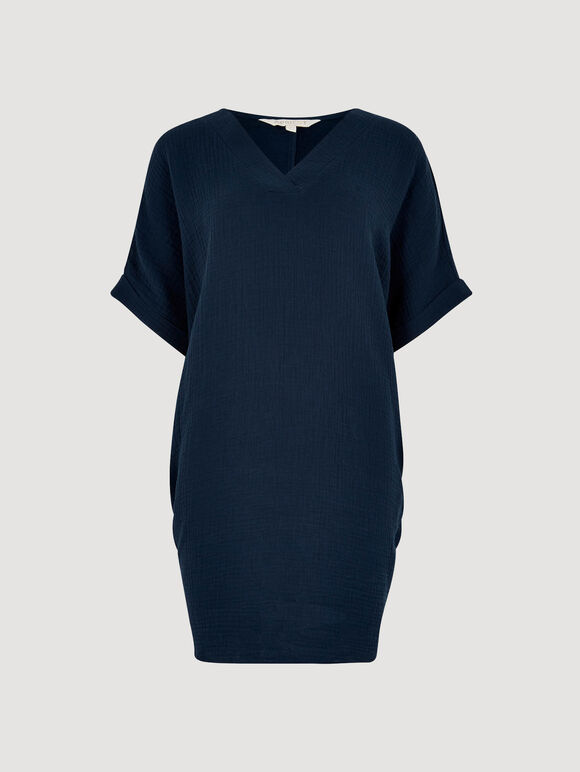 Textured Cotton Oversized T-Shirt Dress, Navy, large