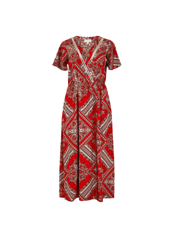Midaxi-Kleid mit Schal-Print, Rot, Größe L