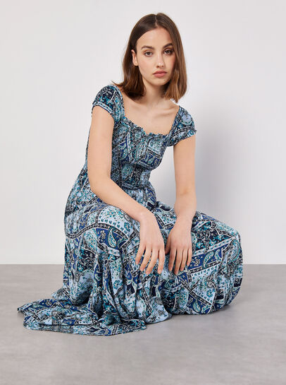 Milchmädchen-Maxikleid mit Schal-Print