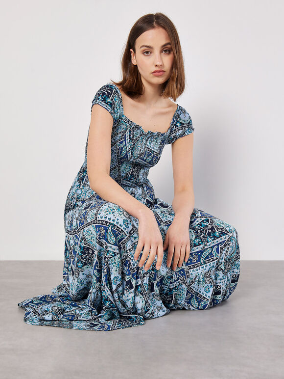 Milchmädchen-Maxikleid mit Schal-Print, Blau, Größe L