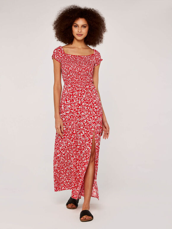 Floral Shirred Split Dress, Red, large