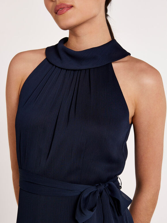 Halter Neck Ruffle Dress, Navy, large