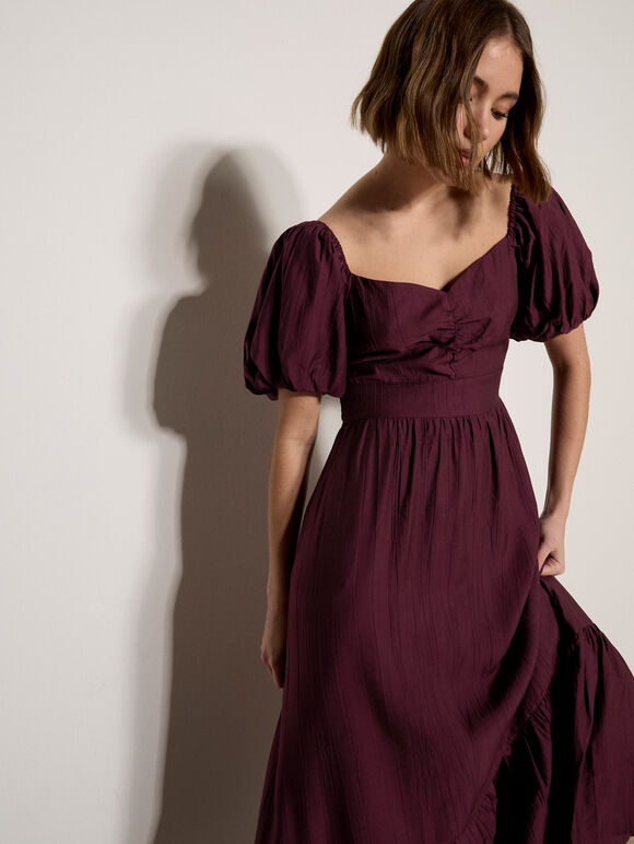 Smocked Shimmer Maxi Dress, Burgundy, large