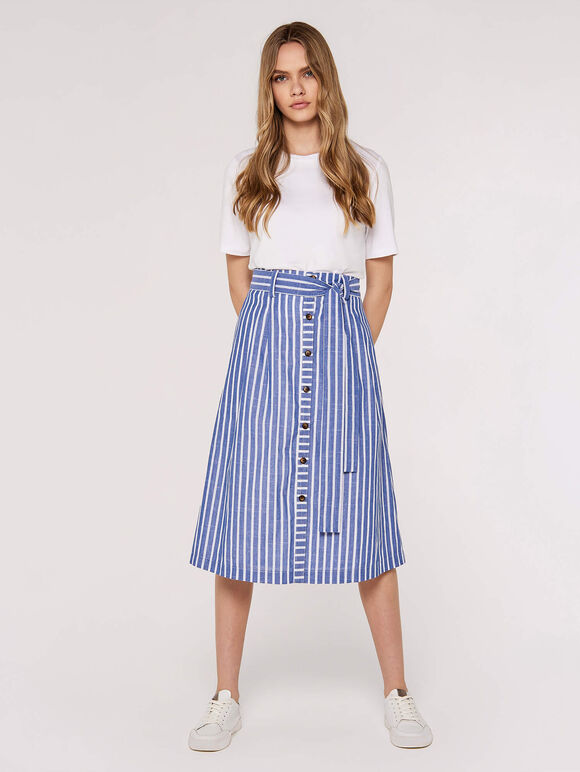 Striped Button Midi Skirt, Blue, large