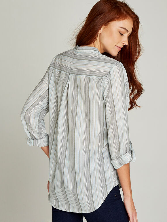 Green Striped Turn Up Sleeve Shirt, Green, large