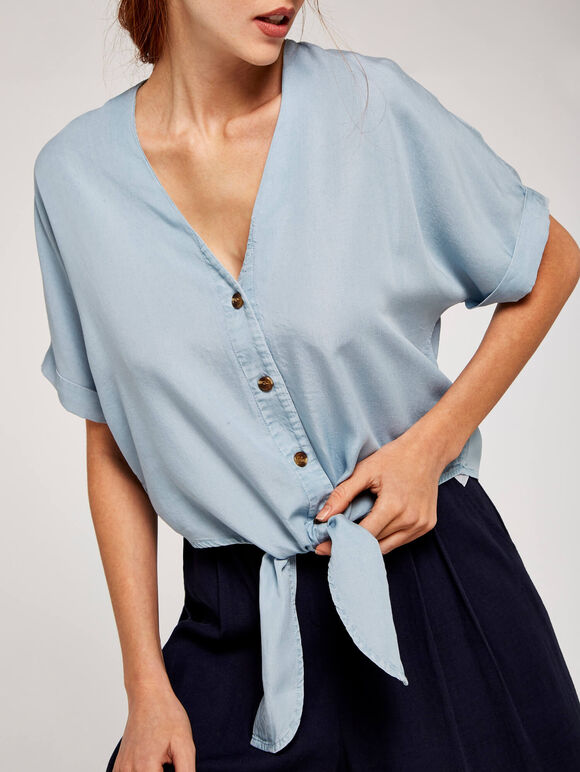 Button Tie Front Top, Blue, large