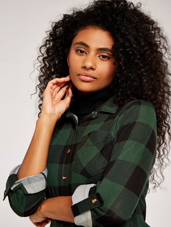 Gingham Fleece Lined Shirt, Green, large