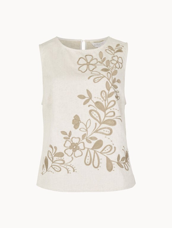 Floral Embroidered Denim Top, Stone, large