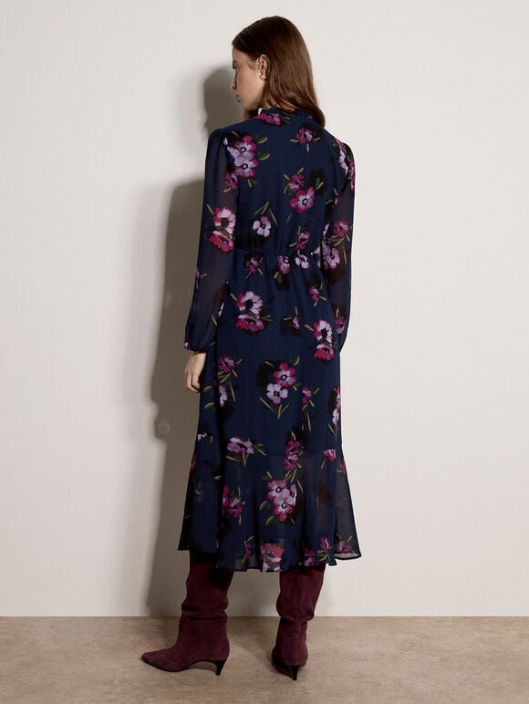 Floral Print Chiffon Midi Dress, Navy, large